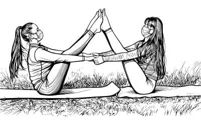 Cute Girls Doing Yoga Masks Vector Line Art