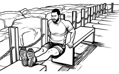 Determined Sporty Man Doing Triceps Dips Benches Vector Line Art