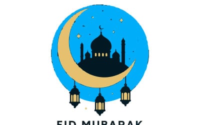 Eid Mubarak Crescent Moon &amp;amp; Lantern Vector