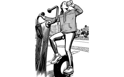 Exhausted Sporty Girl Doing Cardio Training Vector Line Art