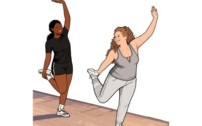 Female Friends Stretching Together By Lake Illustration