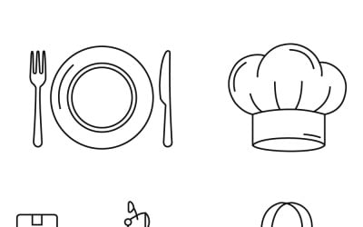 Food Delivery and Restaurant Icons Set Featuring Chef Hat, Plate, Scooter, and Shopping Bag