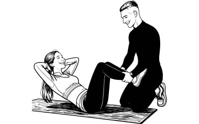 Full Shot Couple Doing Workout Exercises Vector Line Art