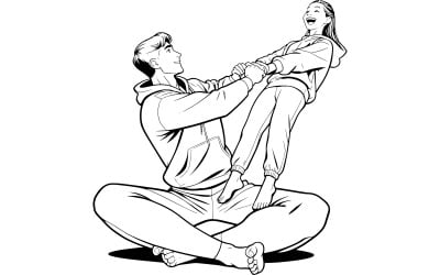 Full Shot Couple Training Together Vector Line Art
