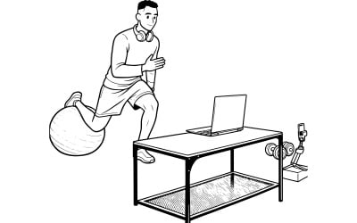 Full Shot Smiley Man Training With Gym Ball Vector Line Art