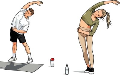 Ilustración de personas estirándose juntas en plano general