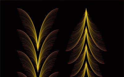 Motif fractal abstrait de plumes dorées avec des lignes symétriques décoratives évoquant des arbres stylisés