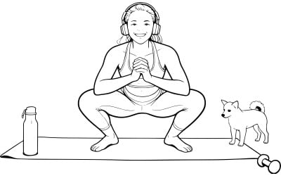 Donna a figura intera che fa sport accompagnata da un cane, disegno vettoriale lineare