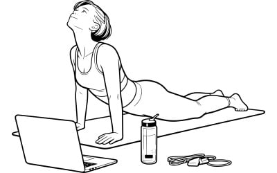 Ragazza in uniforme sportiva rossa che pratica yoga a casa 2 Vector Line Art