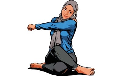 Healthy Young Asian Muslim Woman Stretching Her Arms Practicing Yoga Living Room Illustration