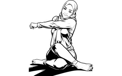 Healthy Young Asian Muslim Woman Stretching Her Arms Practicing Yoga Living Room Vector Line Art
