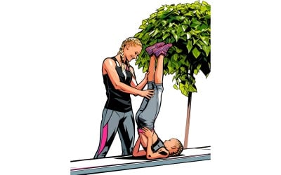 Little Girt Woman Are Doing Exercises Grass Shore Lake Illustration