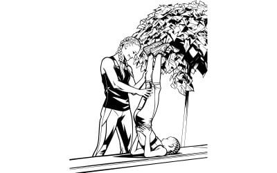 Little Girt Woman Are Doing Exercises Grass Shore Lake Vector Line Art