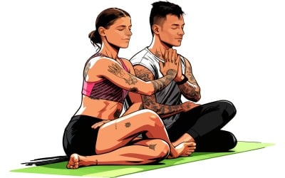 Male Female Friends Practicing Yoga Illustration