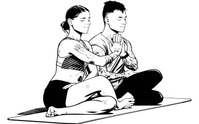 Male Female Friends Practicing Yoga Vector Line Art