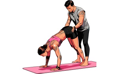 Illustrazione di un uomo che aiuta una donna a praticare yoga in piscina