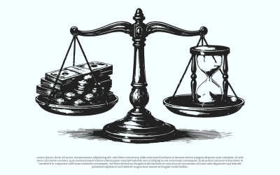 Time vs Money Balance Concept Vintage Hand-Drawn Scale with Hourglass and Cash