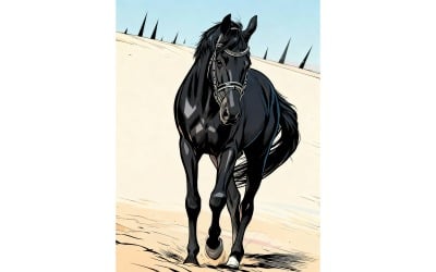 Illustrazione di un cavallo nero che cammina sulla sabbia 1