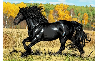 Black Horse With Black Mane Running Through Field Illustration