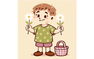 Cartoon of a Boy Holding Flowers and a Basket