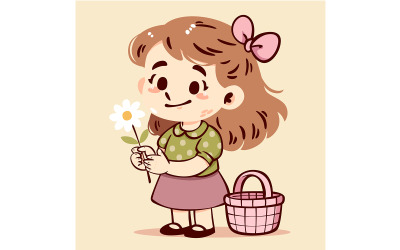 Cartoon of a Girl Happily Holding a Flower