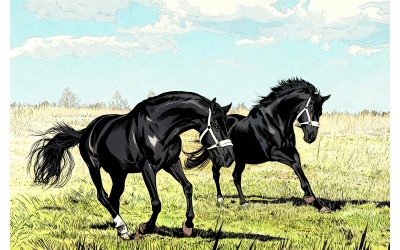Illustration: Schwarze Pferde rennen vor dem Himmel