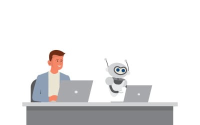 AI Robot and Human Collaboration in Modern Office Illustration