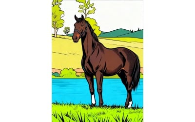 Horse Stands Field With Water Background Illustration
