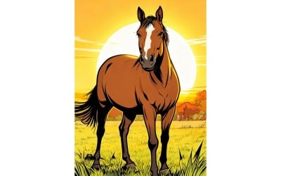 Portrait Horse Standing Field Against Sky Sunset Illustration