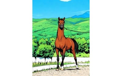 Portrait Horse Standing Land Against Mountain Illustration