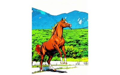 Side View Horse Jumping Land Against Mountain Illustration