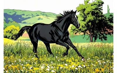 Side View Horse Running Field Illustration