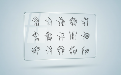 Pictogrammen voor lichaamsverzorging en huidverzorgingsproducten – Hydratatie, exfoliatie, bescherming