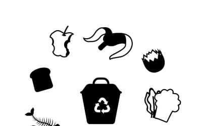 Compost Bin Filled with Organic Waste and Kitchen Scraps Icons Set