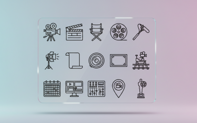 Icone di linea per la produzione cinematografica e la creazione di video: pacchetto vettoriale di cinema, produzione cinematografica e studio