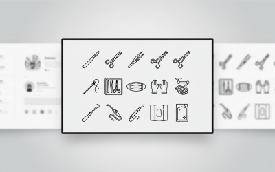 Pictogrammen voor chirurgische en medische instrumenten – scalpel, pincet, masker, operatiegereedschap