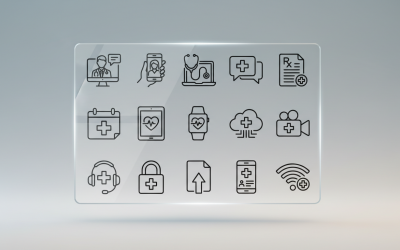 Lijnpictogrammen voor telegeneeskunde en digitale gezondheidszorg – Overzicht van medische apps en online artsen