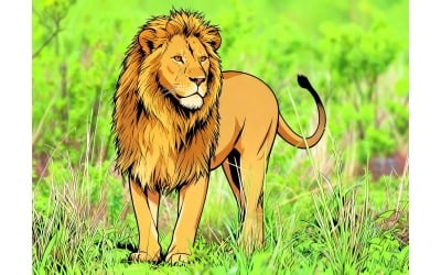 Big Male Lion Grass Illustration