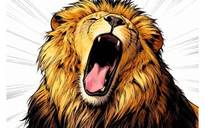 Close Up Lion Yawning Forest Illustration
