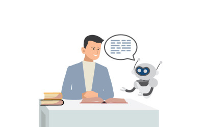 Illustrazione vettoriale di un uomo che impara e interagisce con un assistente robot