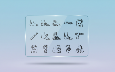 Pictogrammen voor podologie en voetverzorging – platvoet, inlegzool, ingegroeide teennagel en medische behandeling