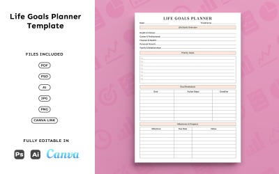 Modello di pianificatore degli obiettivi di vita: pianificazione degli obiettivi, traguardi e monitoraggio dei progressi, formato A4 minimo