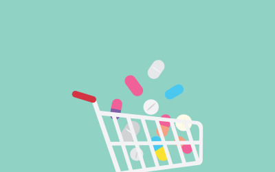 Bunte Pillen und Tabletten im Einkaufswagen (Vektor)