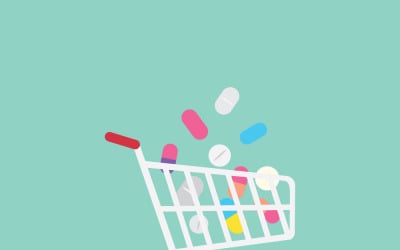 Colorful Pills and Tablets Stacked in Shopping Cart Vector