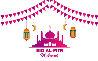 Eid al-Fitr Mubarak wenskaart met silhouet van een moskee, hangende lantaarns en halve manen.