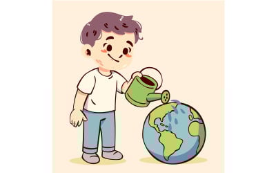 "FREE" A Boy is Watering a Cartoon Style Globe with a Watering Can