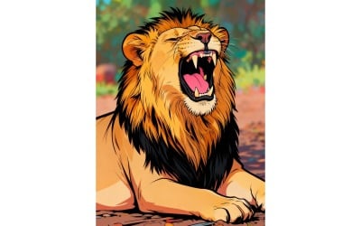 Lion Yawning While Sitting Field Illustration