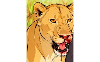 Little Lion Feeding Savagely From Dead Animal African Jungles Illustration