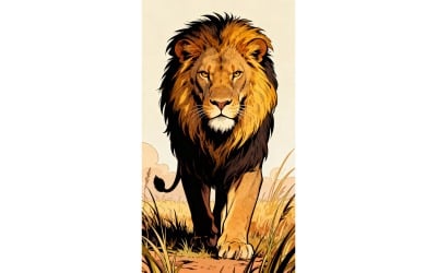 Male Lion Sits Looking Out Grassland Illustration