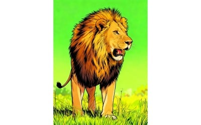 Male Lion Stands Staring Right Savannah Illustration